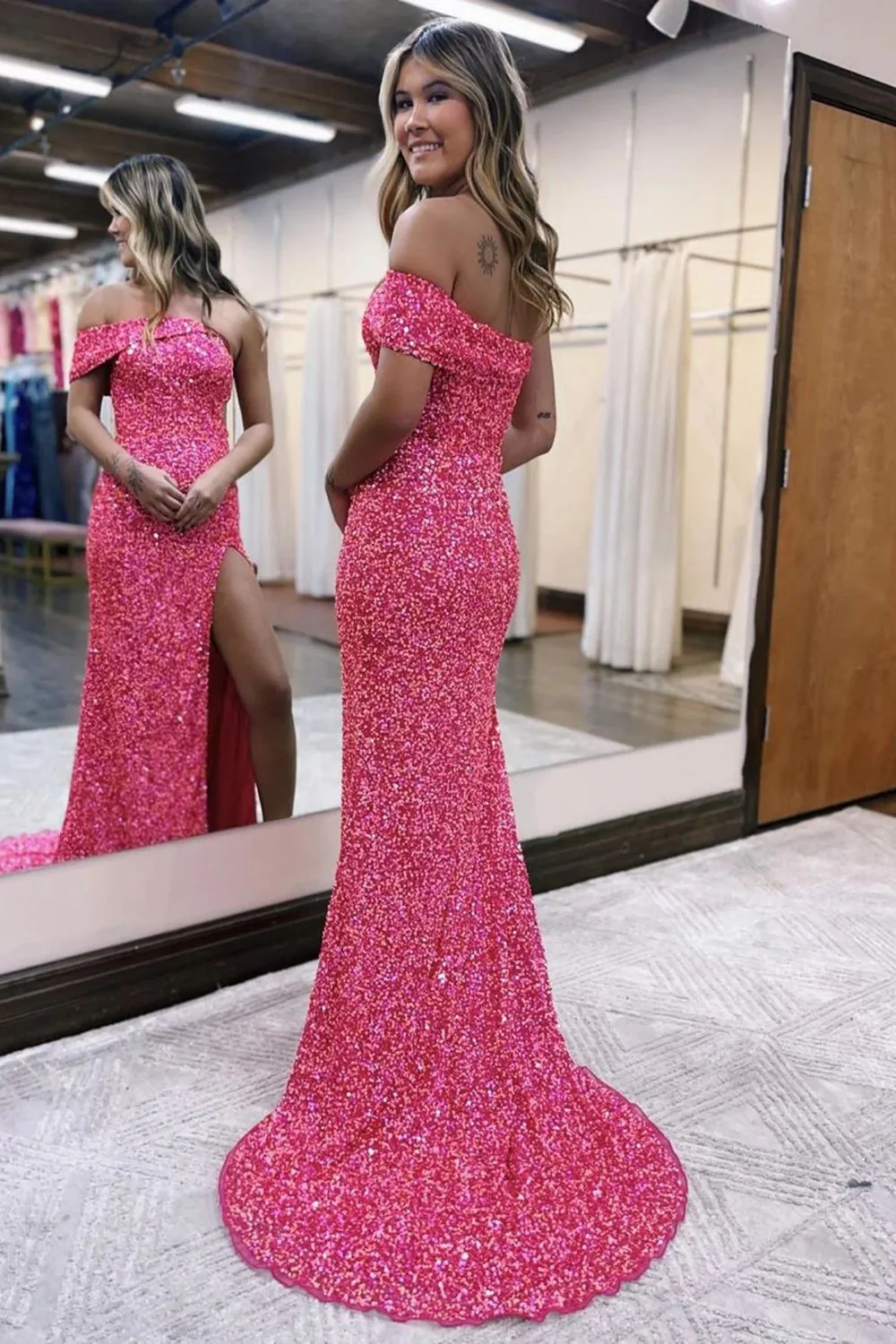 Mermaid Strapless Hot Pink Sequins Long Prom Dress with Split Front - Image 2