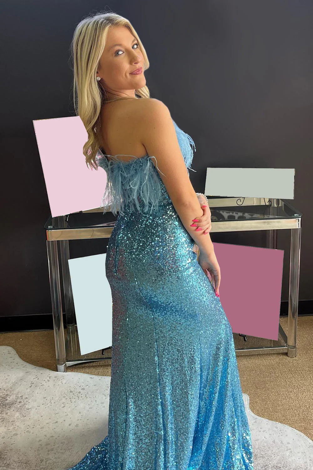 Mermaid Strapless Light Blue Sequins Long Prom Dress with Feathers - Image 2