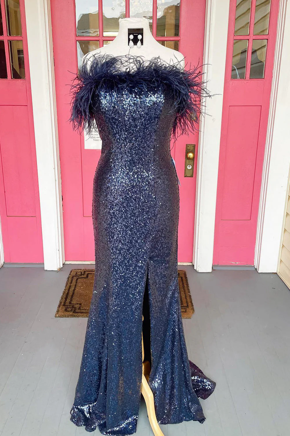 Mermaid Strapless Light Blue Sequins Long Prom Dress with Feathers - Image 4