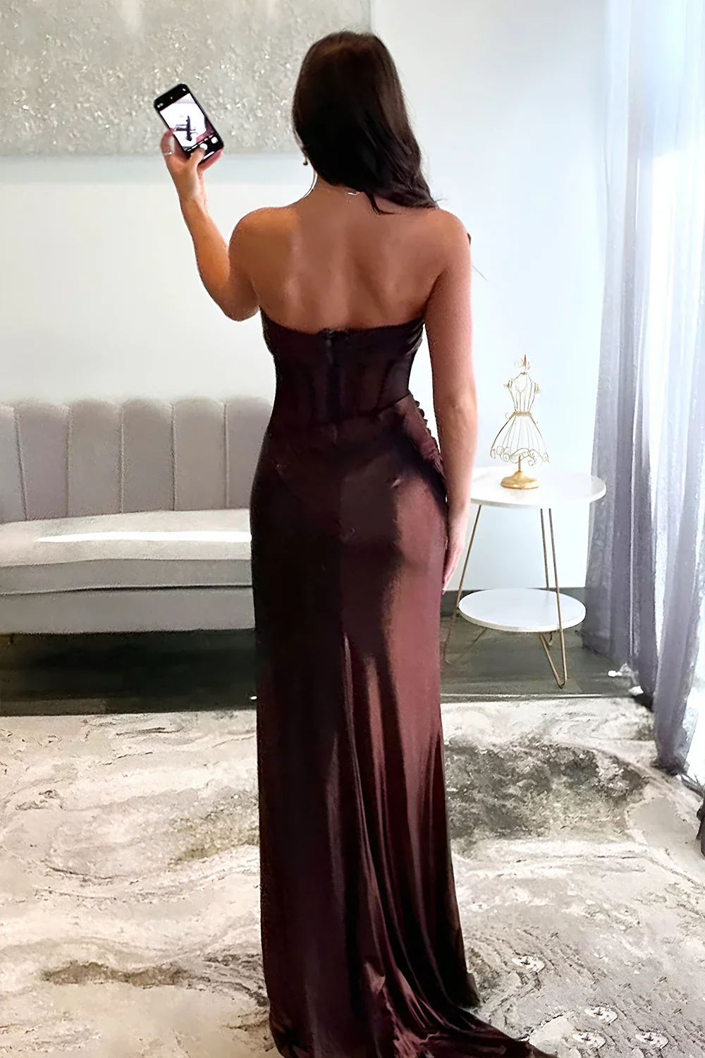 Mermaid Strapless Long Brown Metallic Prom Dress with Leg Slit - Image 3