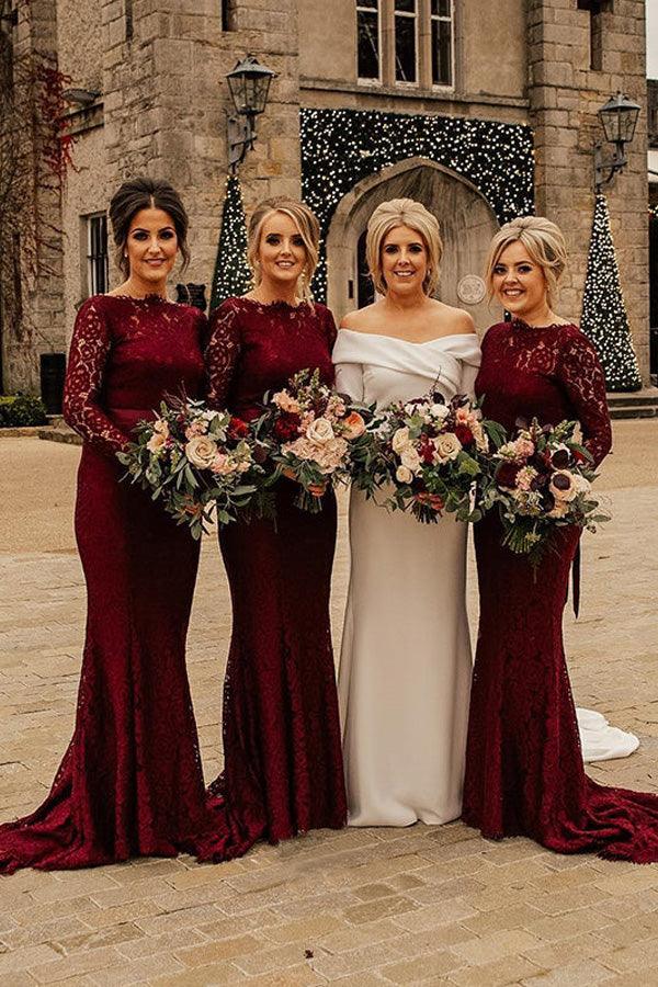 Mermaid Sweep Train Lace Long Sleeve Burgundy Bridesmaid Dresses