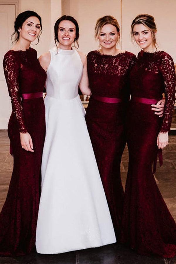Mermaid Sweep Train Lace Long Sleeve Burgundy Bridesmaid Dresses - Image 2
