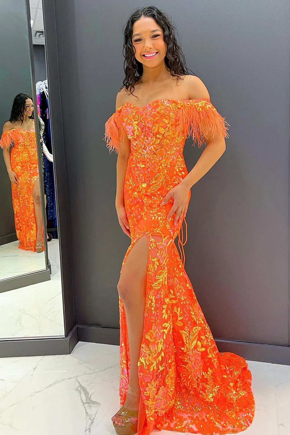 Mermaid Sweetheart Orange Sequins Long Prom Dress with Split Front - Image 3