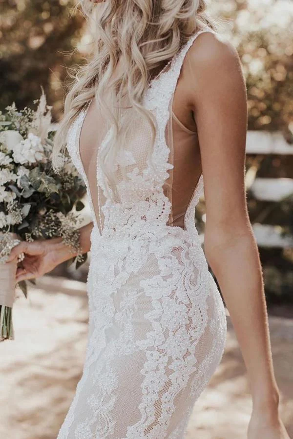 Mermaid/Trumpet Attractive Floor-length V-neck Lace Wedding Dress - Image 2