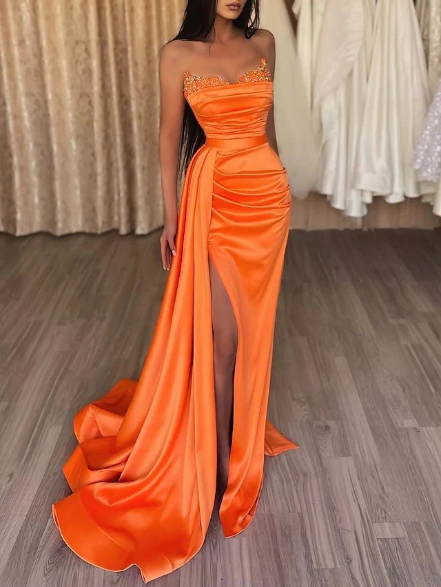 Mermaid Evening Gown Sexy Dress Prom Court Train Sleeveless Strapless Satin with Slit Pure Color - Image 3