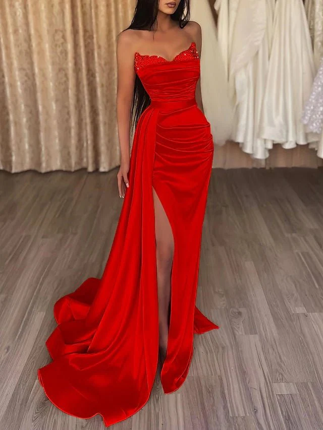 Mermaid Evening Gown Sexy Dress Prom Court Train Sleeveless Strapless Satin with Slit Pure Color - Image 4