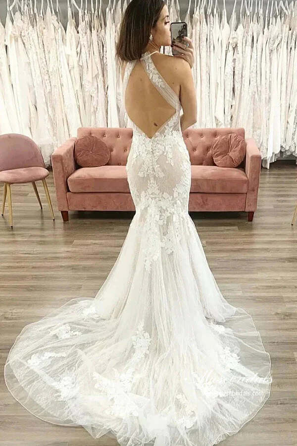 Mermaid Tulle Halter Sleeveless Lace Appliques Wedding Dresses - Image 2
