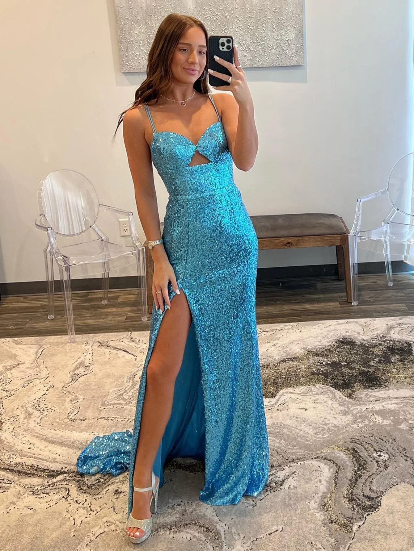 V Neck Cutout Blue Long Prom Dress - Image 5
