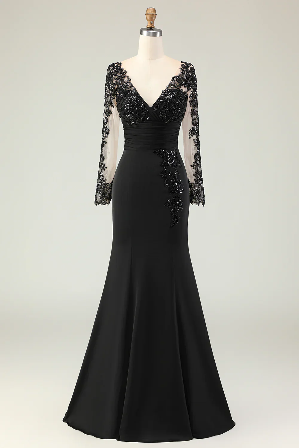 Mermaid V-Neck Long Black Prom Dress with Lace Appliques - Image 8