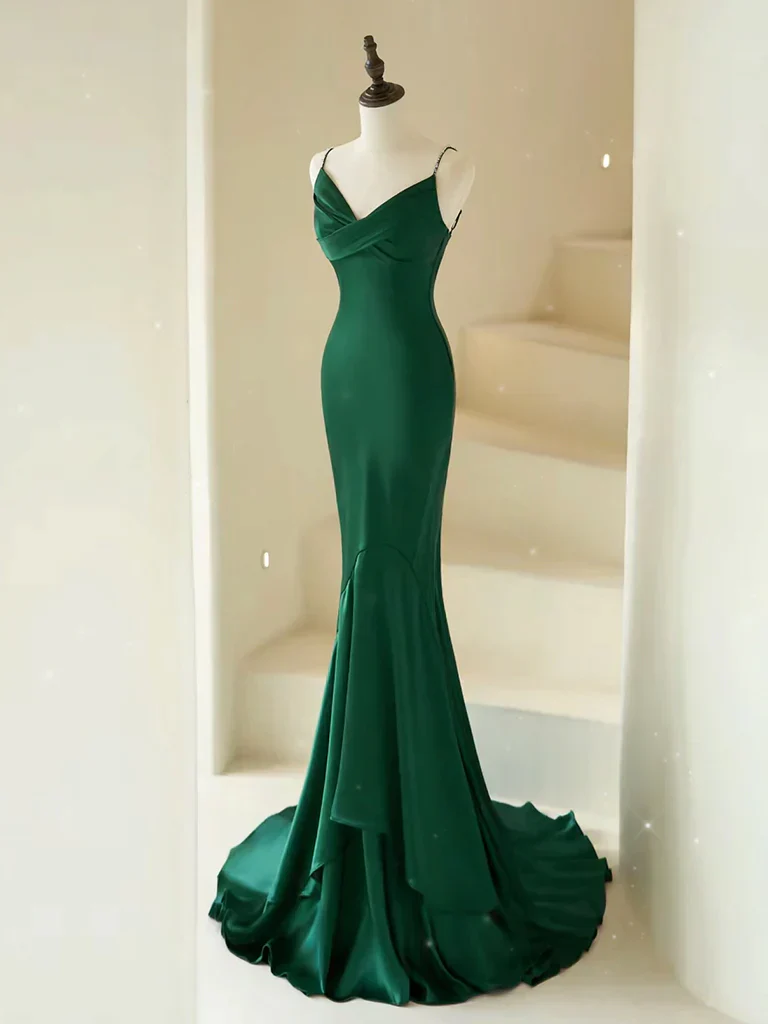 Mermaid V Neck Satin Green Long Prom Dress Formal Dress With Sweep Train - Image 3