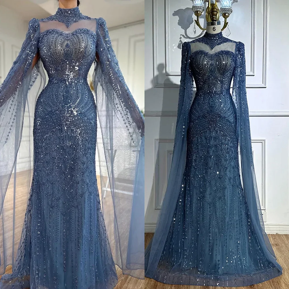Luxury  Modest Blue Mermaid Evening Dress with Cape LA73006 - Image 6