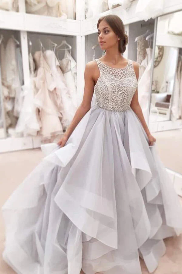Modest Tulle A-line Scoop Sweep Train Wedding Dresses, Bridal Gowns - Image 2