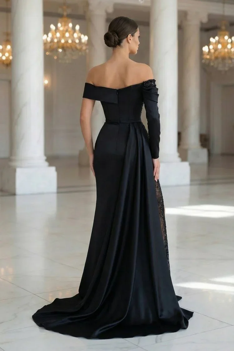 Off Shoulder Beaded Illusion Slit Satin Mermaid Prom Dresses - Image 4