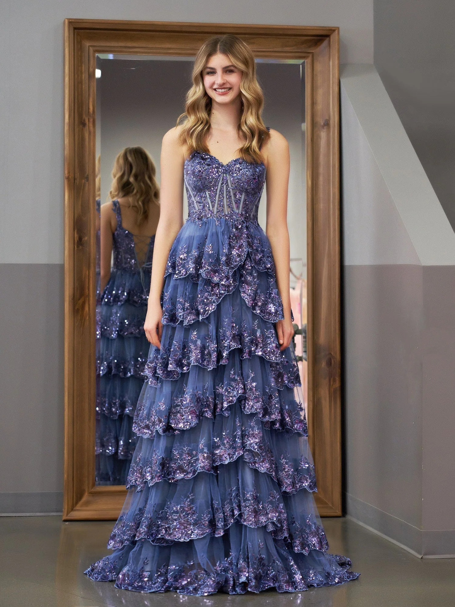 Princess A Line Off the Shoulder Corset Prom Dress with Lace Ruffles - Image 3