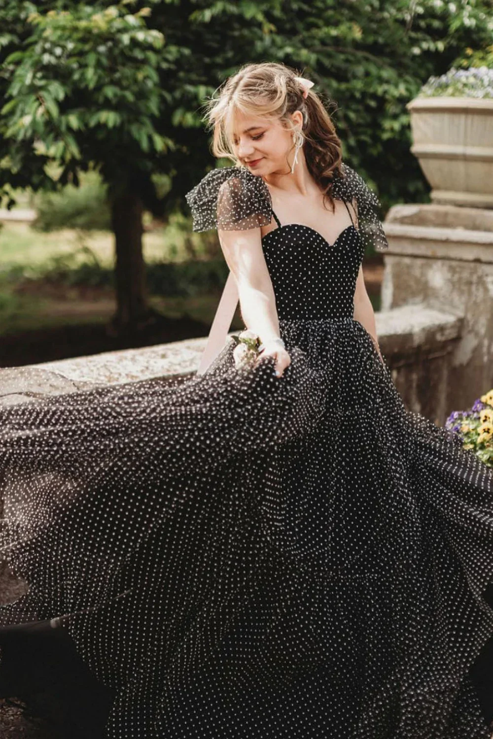 Navy Blue Spaghetti Straps Backless Polka Dots A-line Princess Dress - Image 4
