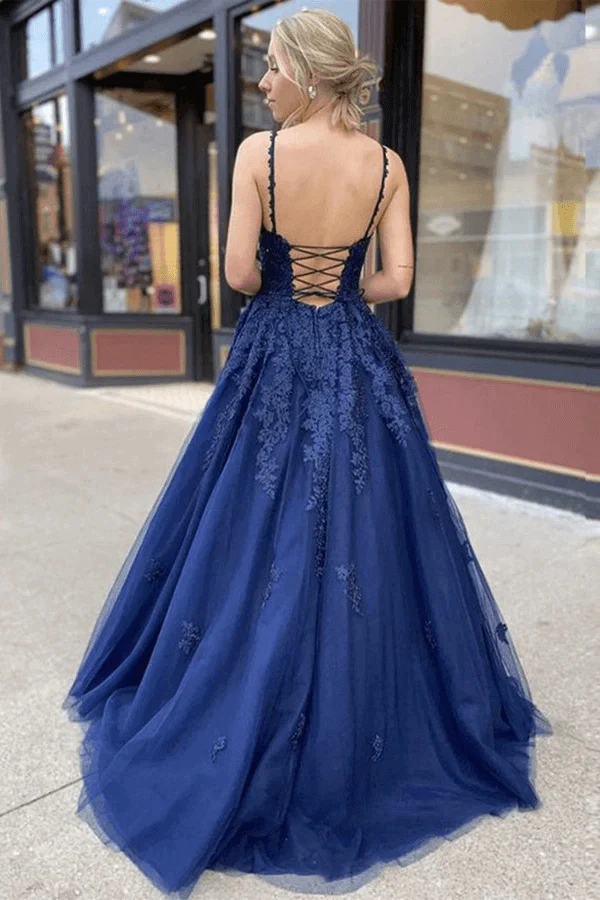 Navy Blue Tulle Lace A-line V-neck Prom Dresses, Long Formal Dresses - Image 3