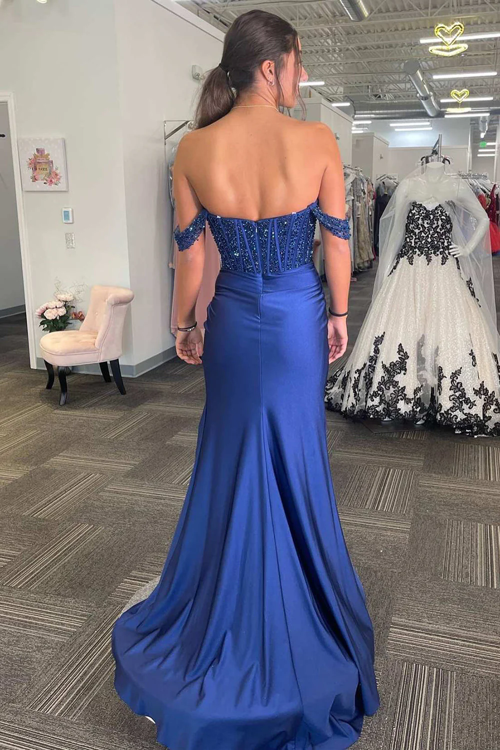 Off the Shoulder Satin Mermaid Long Corset Prom Dress with Sequins - Image 2