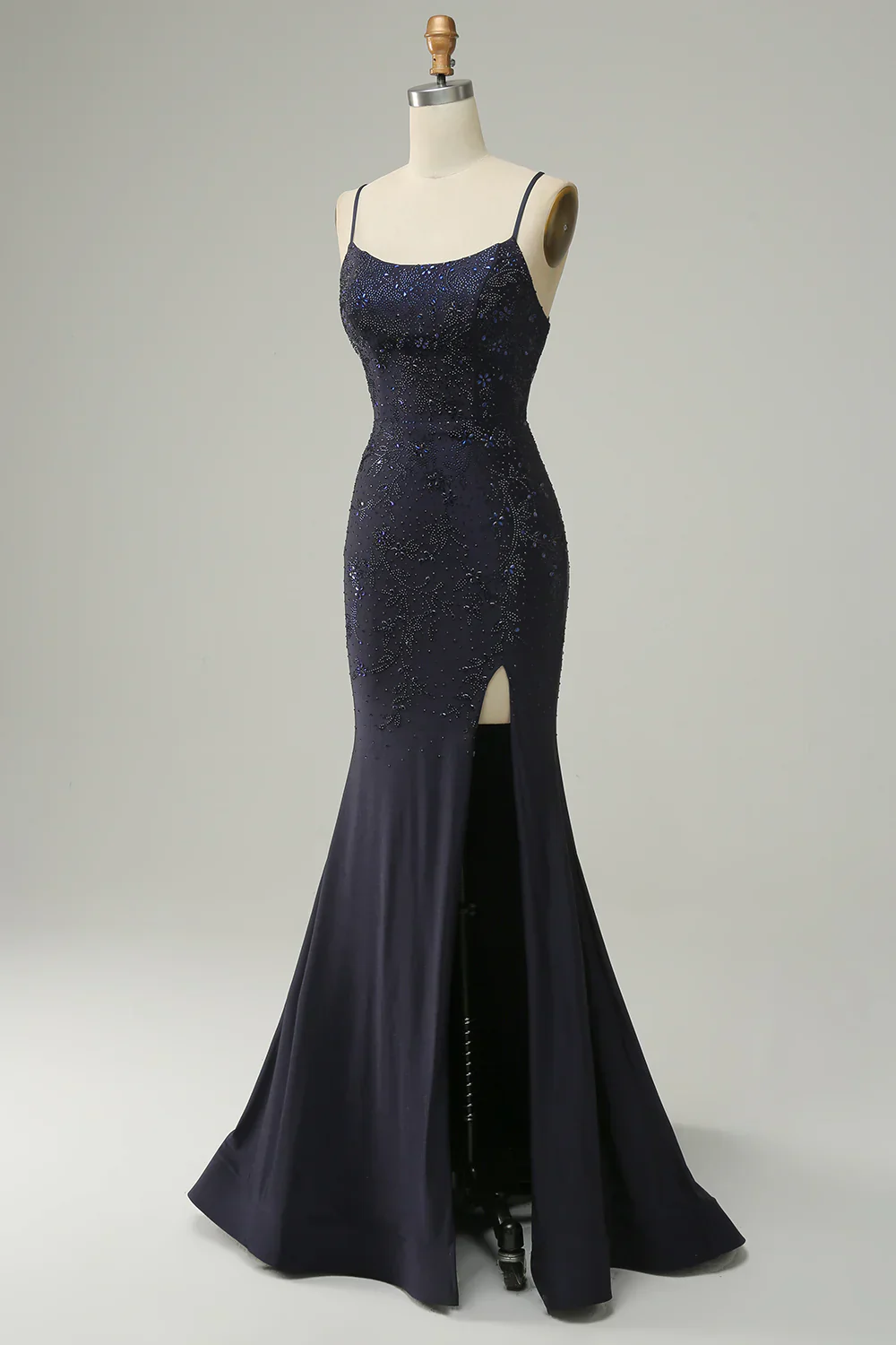 Navy Spaghetti Straps Beaded Mermaid Prom Dress with Split - Image 2