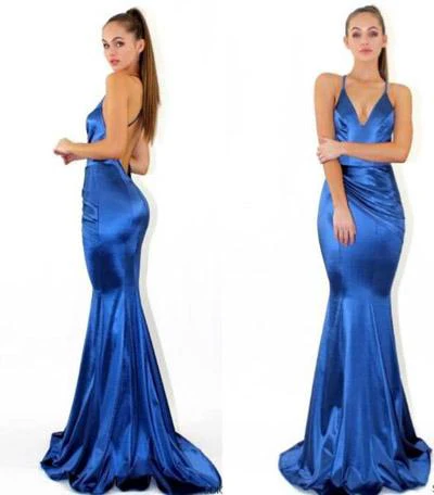 New Arrival Royal Blue Simple V neck Mermaid Spaghetti Straps Prom Dresses, MP373 - Image 4