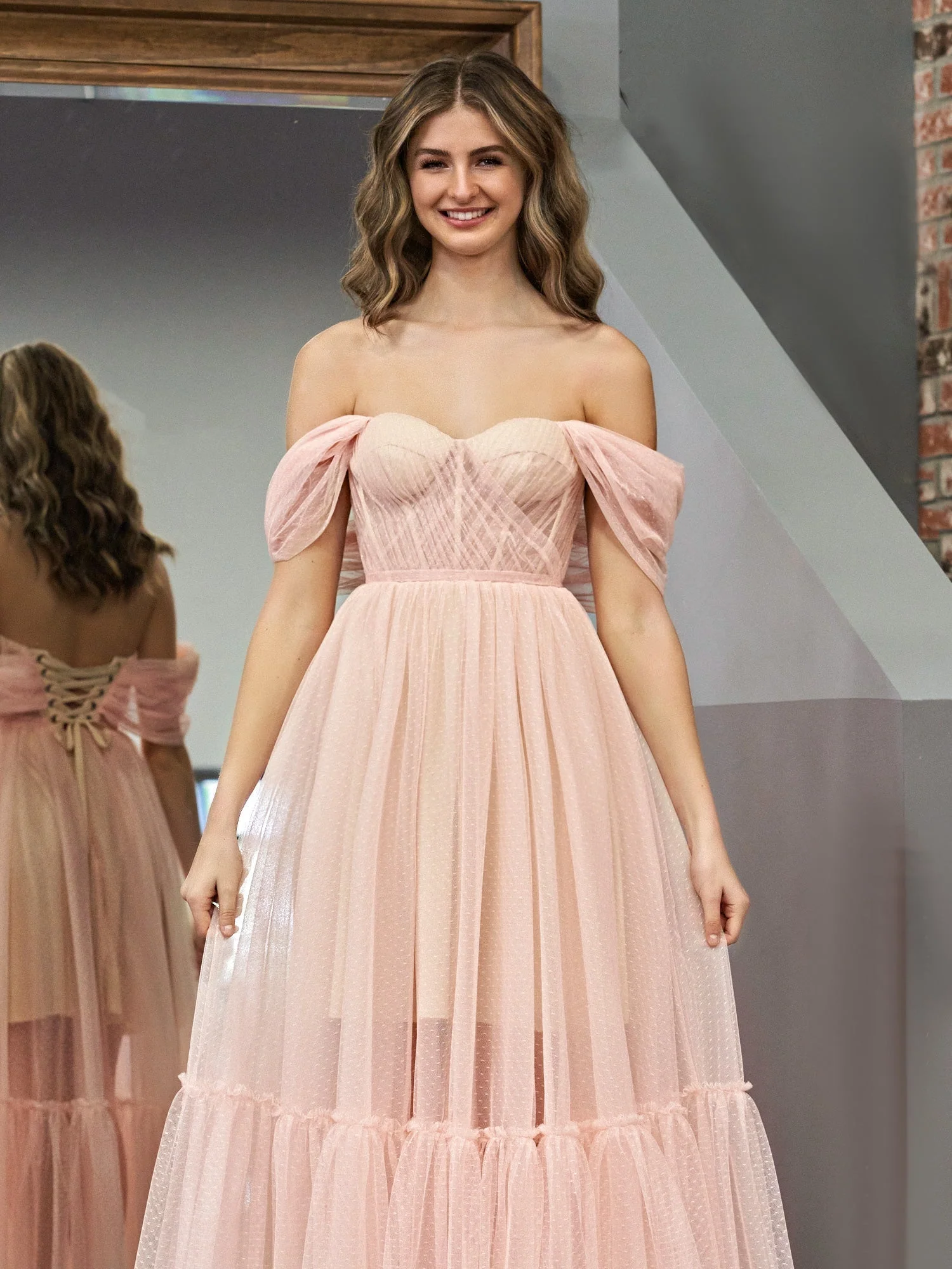 A-Line Rose Pink Tulle Sweetheart Tea-Length Prom Dress - Image 4
