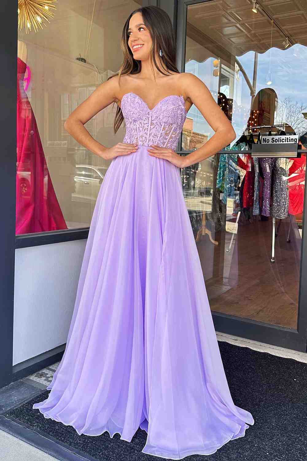 Off-Shoulder A-line Chiffon Applique Lace-Up Long Prom Dress - Image 4