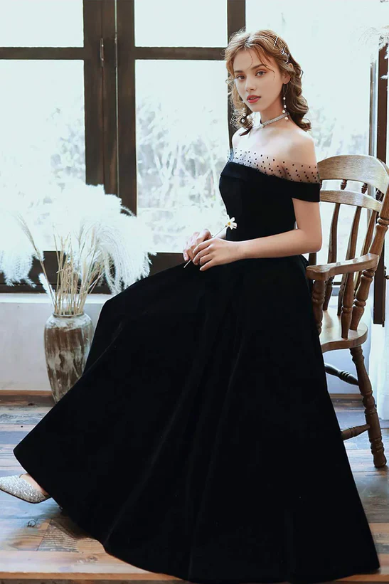 Off Shoulder Black Velvet Party Dress Homecoming Dress Evening Dress Wedding Guest Party Dresses - Image 3