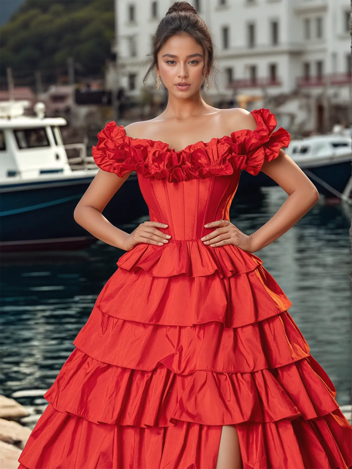 Off Shoulder Bodice Tiered Layered Ball Gown Prom Dress With Slit - Image 3
