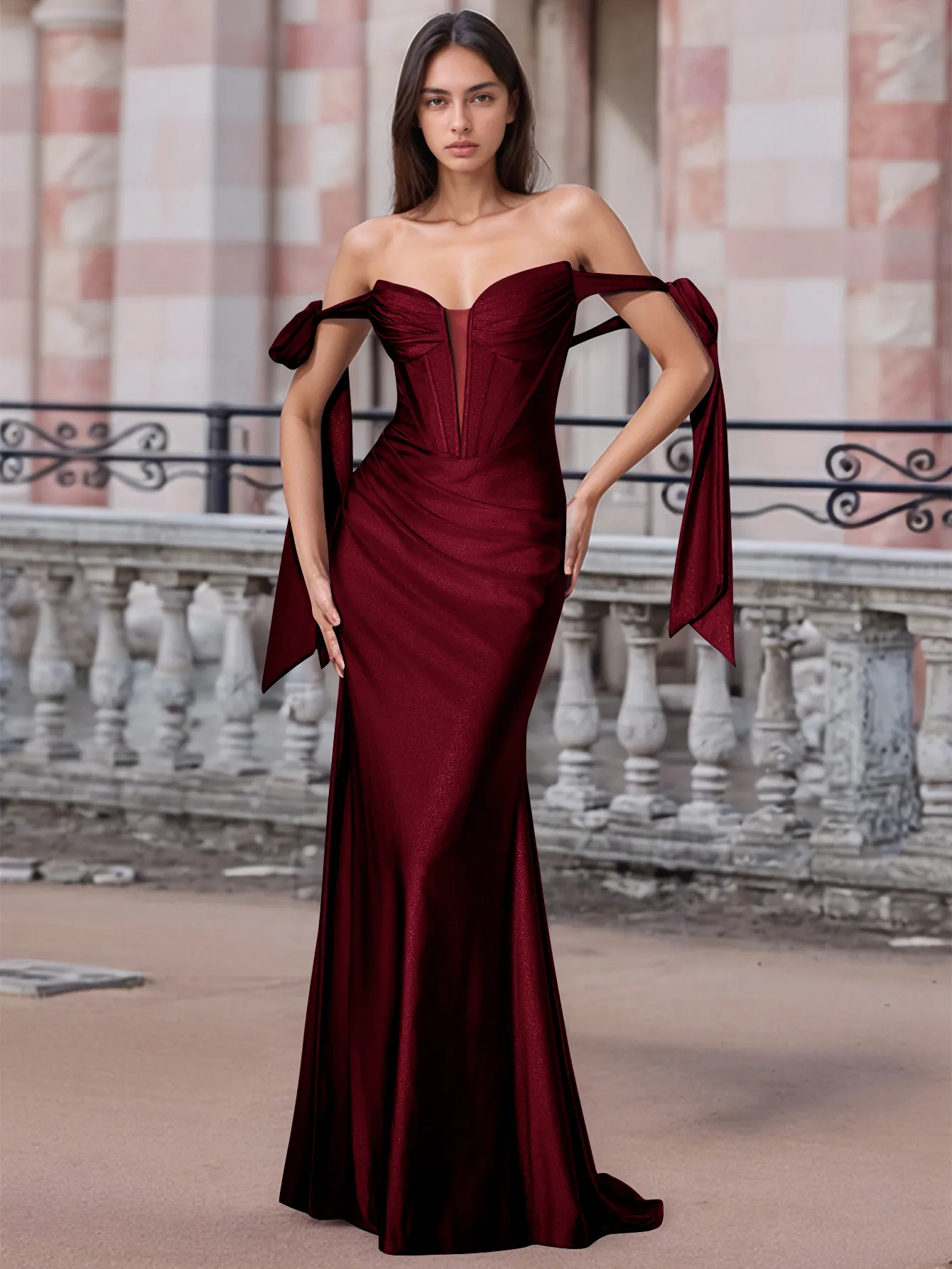 Off Shoulder Lace Up Bow Trumpet Prom Dress - Image 16