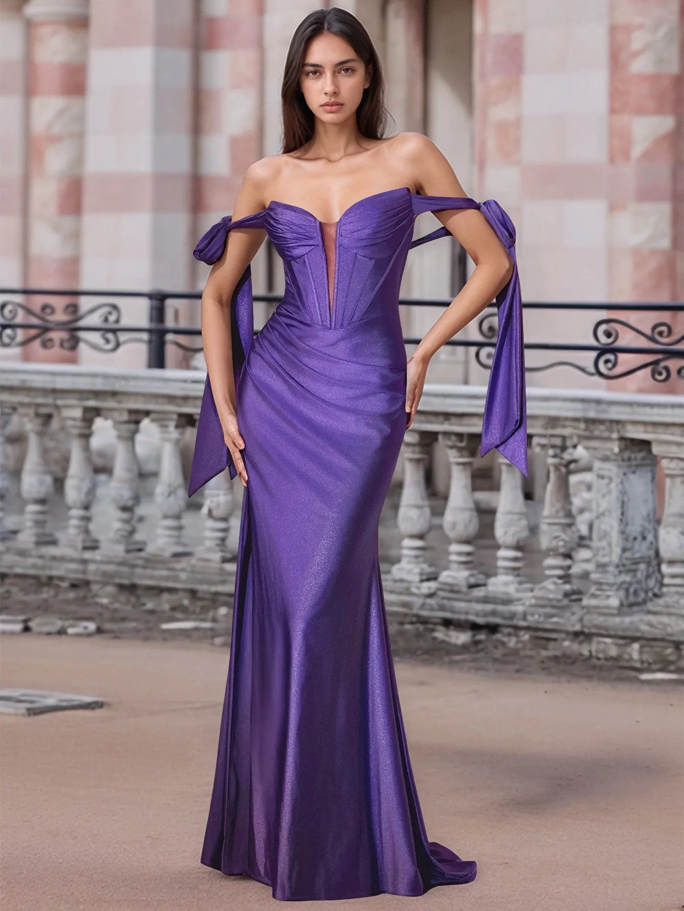 Off Shoulder Lace Up Bow Trumpet Prom Dress - Image 2