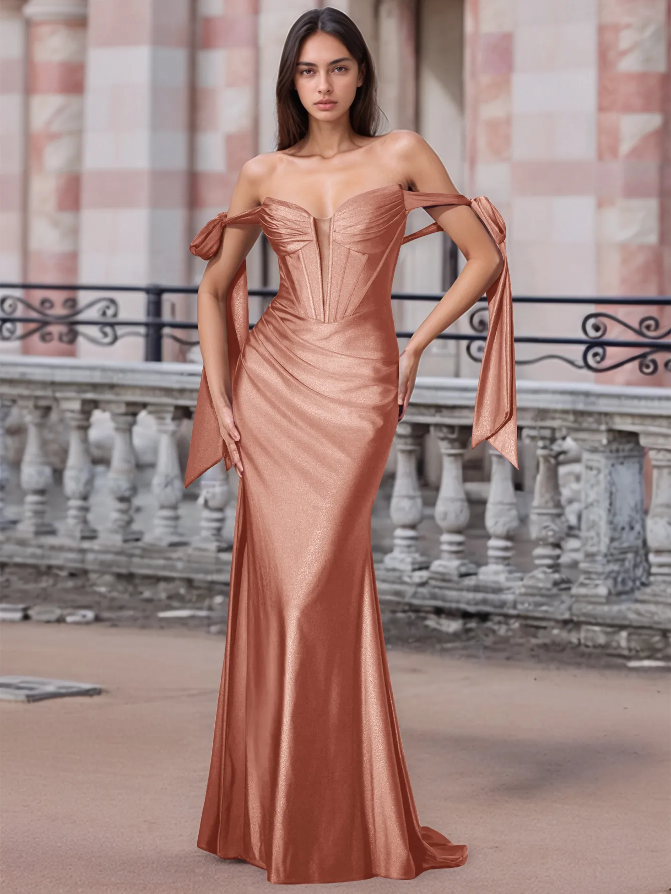 Off Shoulder Lace Up Bow Trumpet Prom Dress - Image 30