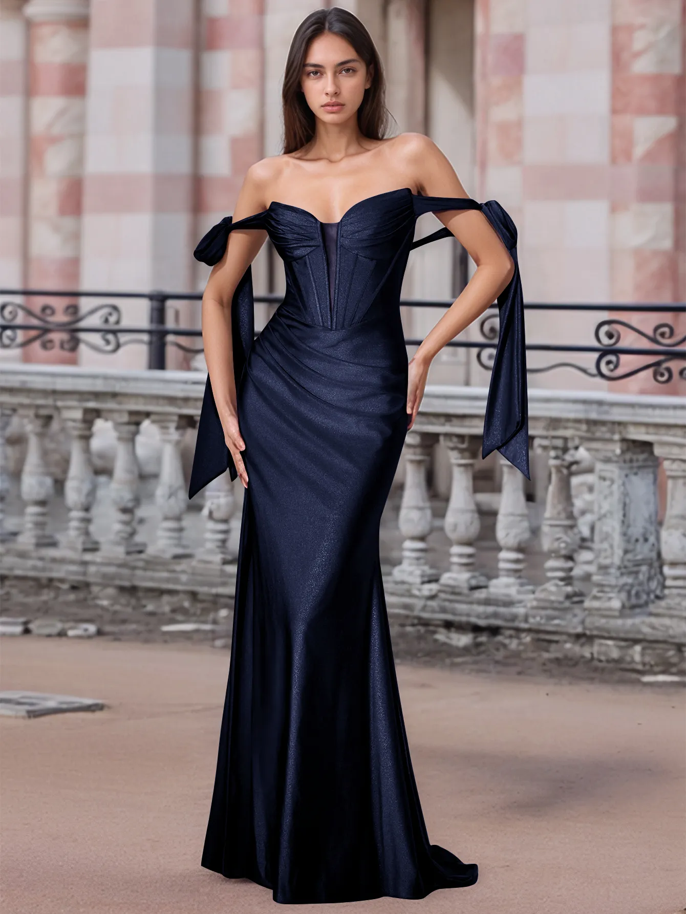 Off Shoulder Lace Up Bow Trumpet Prom Dress - Image 5