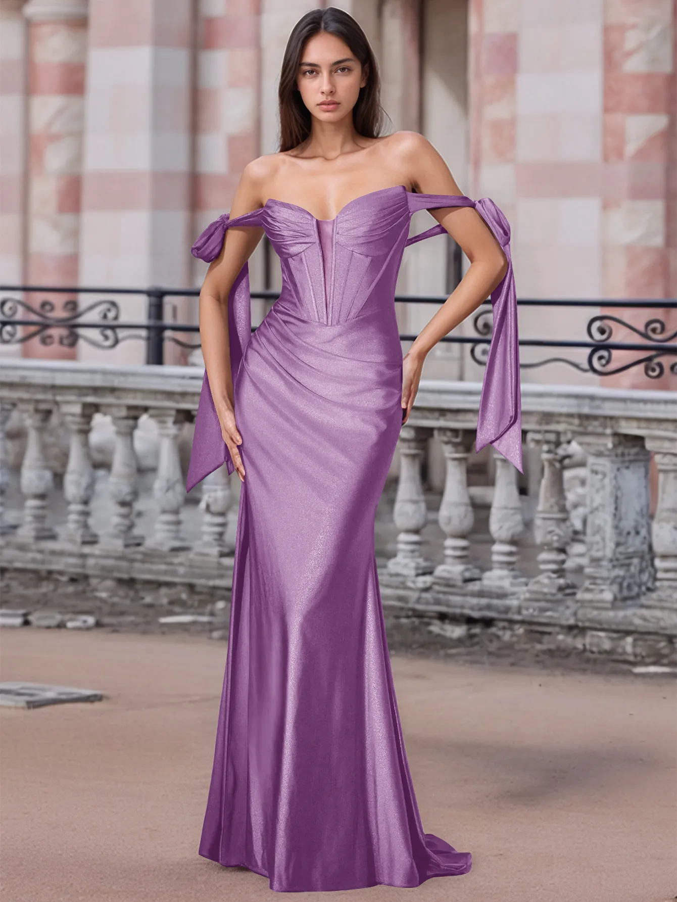 Off Shoulder Lace Up Bow Trumpet Prom Dress - Image 8