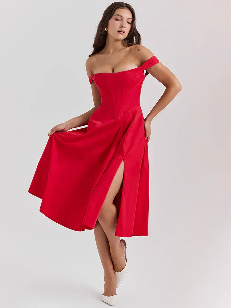 Off Shoulder Midi A-line Vacation Dress - Image 4