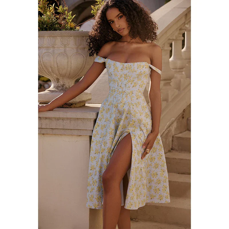Off Shoulder Midi A-line Vacation Dress - Image 6