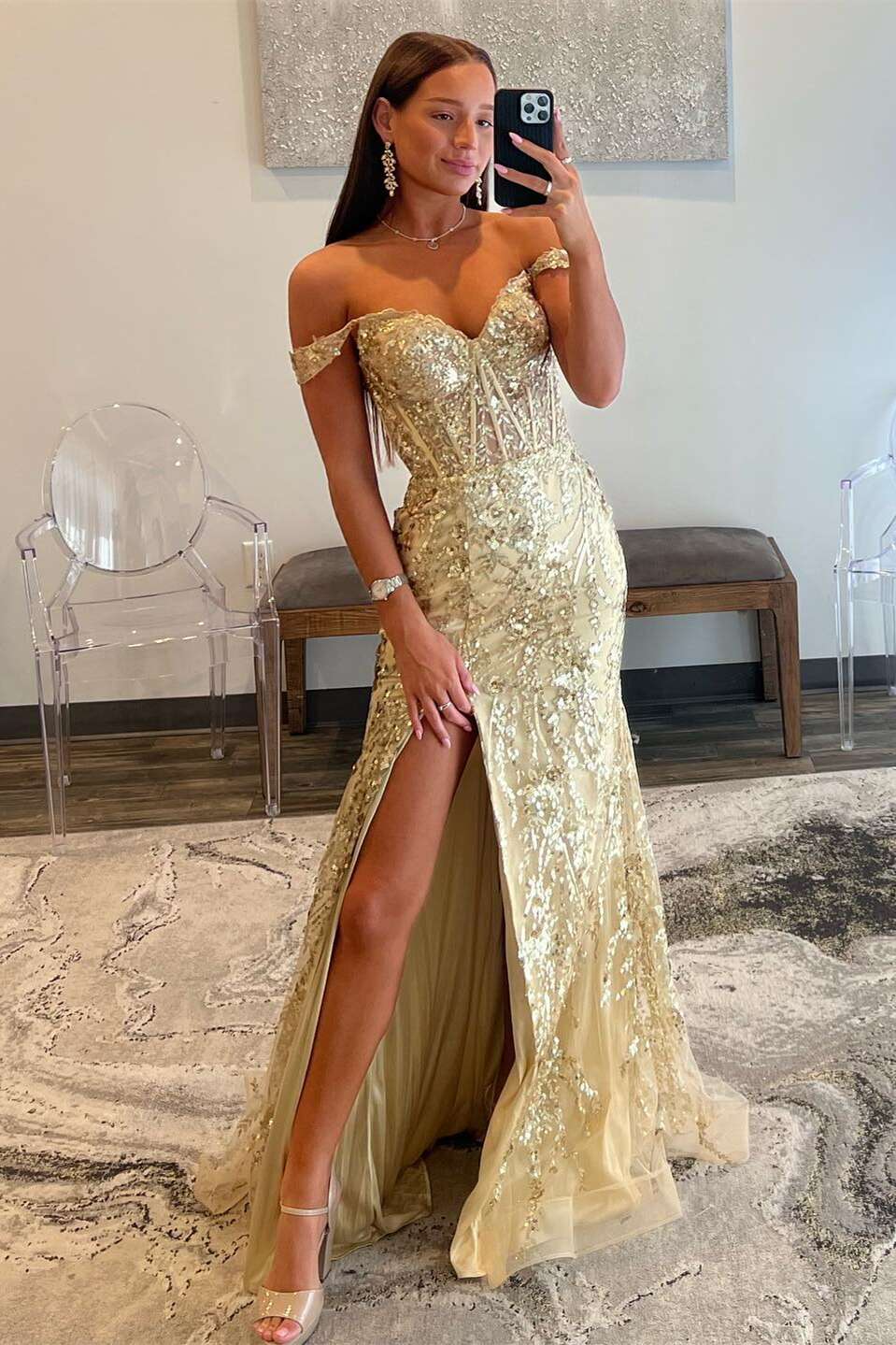 Off Shoulder Periwinkle Sequin Mermaid Long Dress with Slit - Image 5