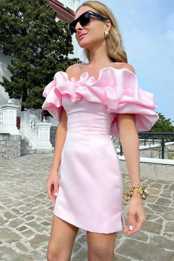Off Shoulder Sleeveless Satin Homecoming Dress With Ruffles PD540 - Image 6