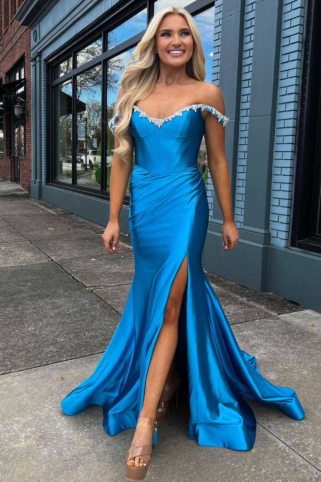 Off the Shoulder Beaded Blue Mermaid Prom Dress with Slit - Image 2