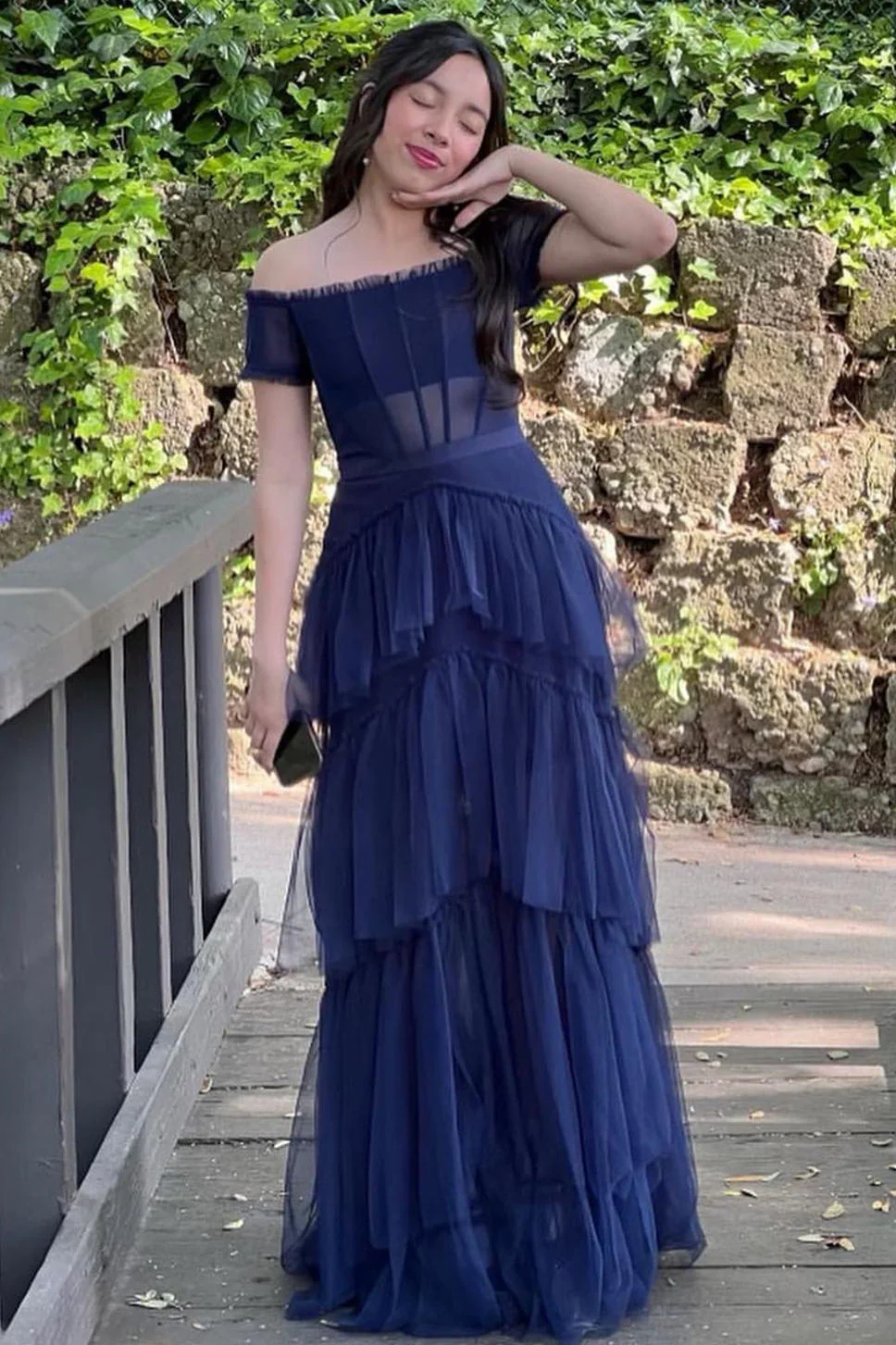 Off the Shoulder Black Tiered Tulle Lond Prom Dress - Image 3