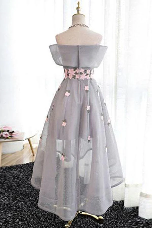 Off-the-Shoulder High Low Grey Tulle Homecoming Dress With Appliques PD243 - Image 2