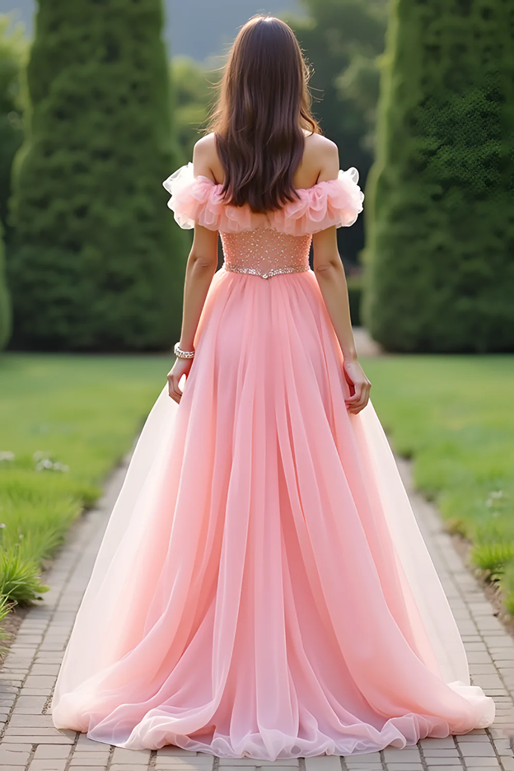 Off the Shoulder Pink A Line Ruched Long Prom Dress - Image 2