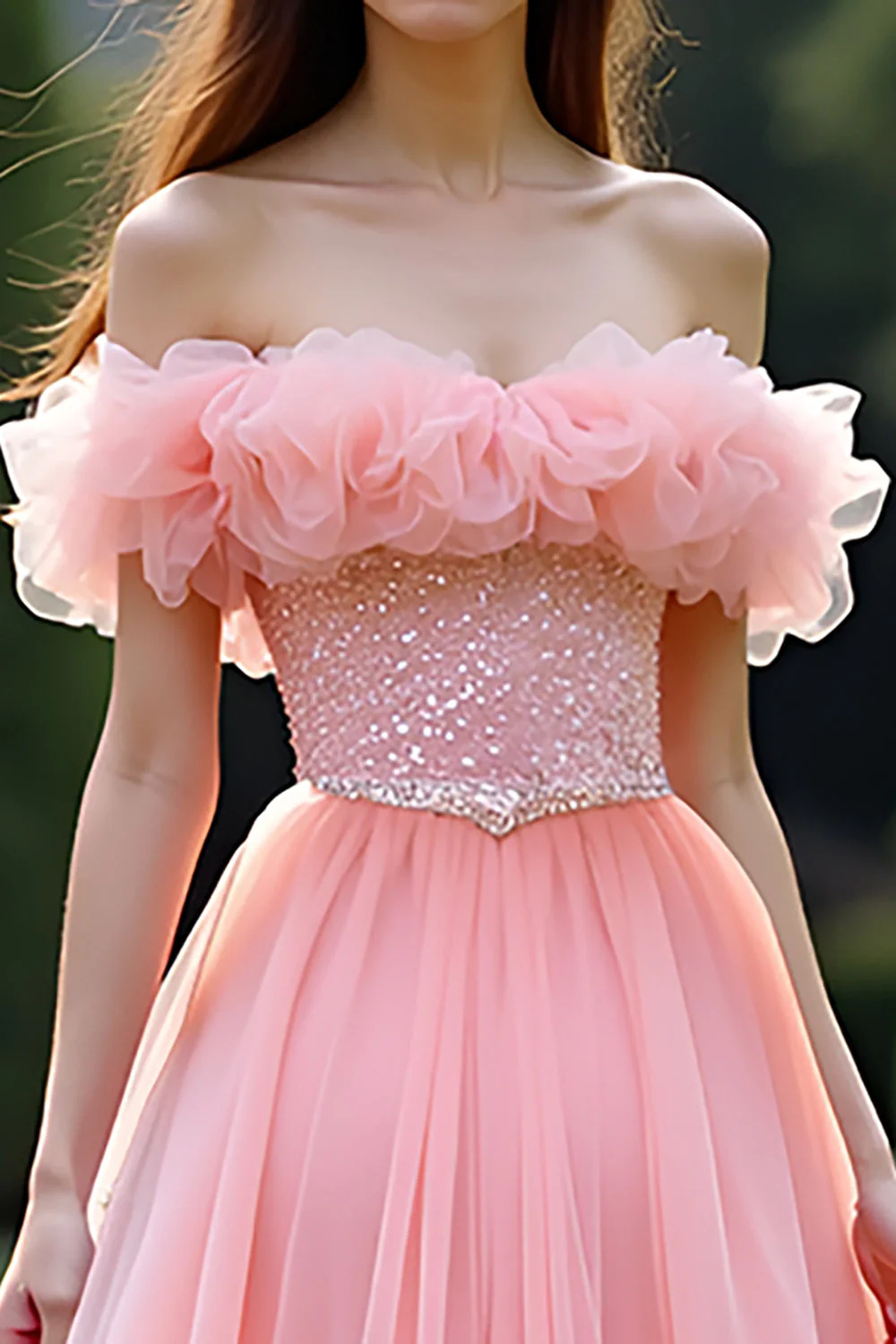Off the Shoulder Pink A Line Ruched Long Prom Dress - Image 3