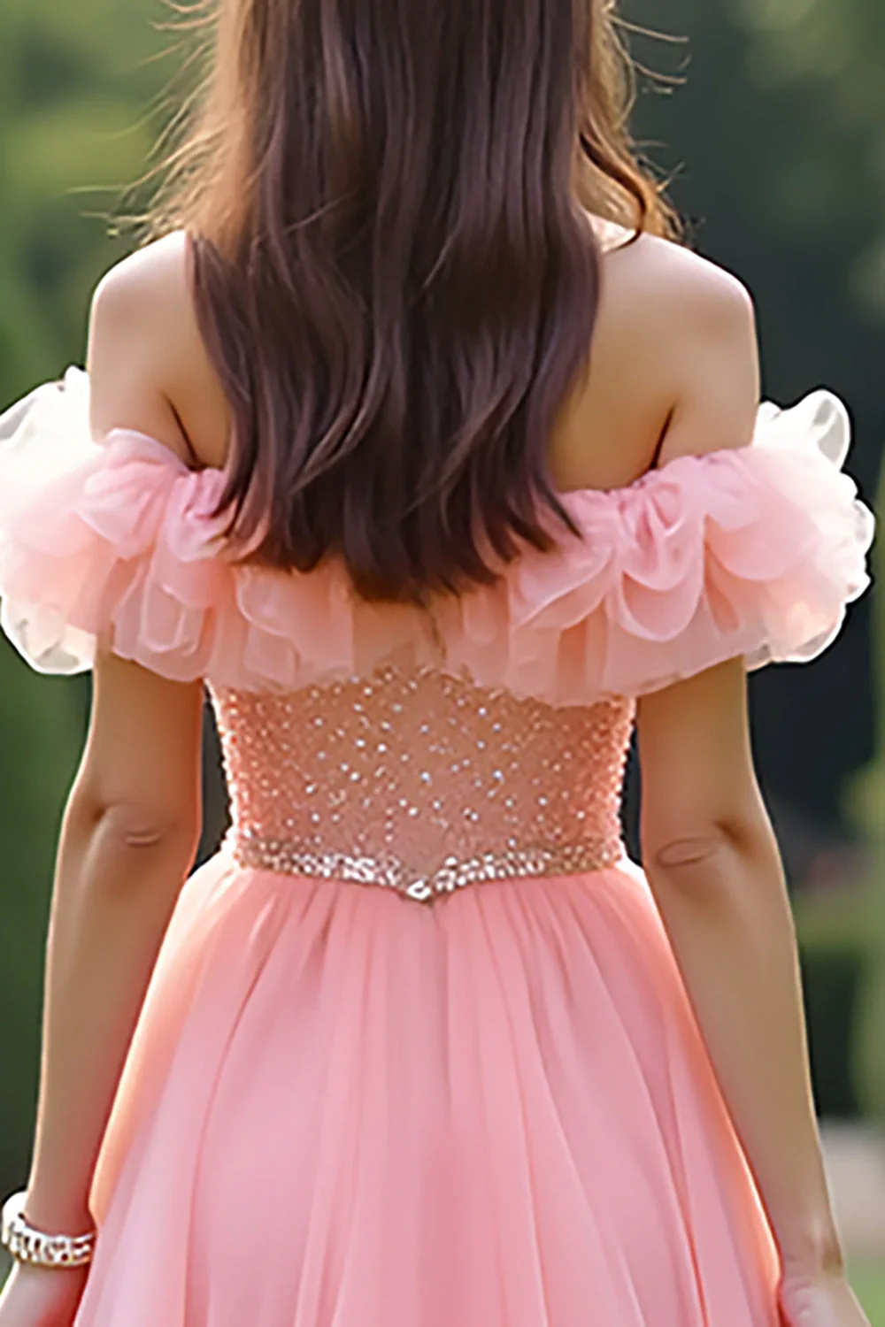Off the Shoulder Pink A Line Ruched Long Prom Dress - Image 4