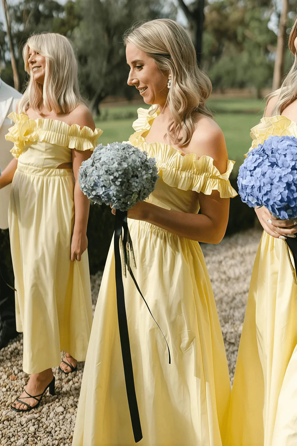 Off The Shoulder Ruffles Satin Yellow Long Bridesmaid Dress - Image 3