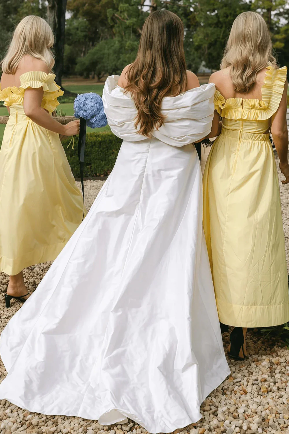 Off The Shoulder Ruffles Satin Yellow Long Bridesmaid Dress - Image 4