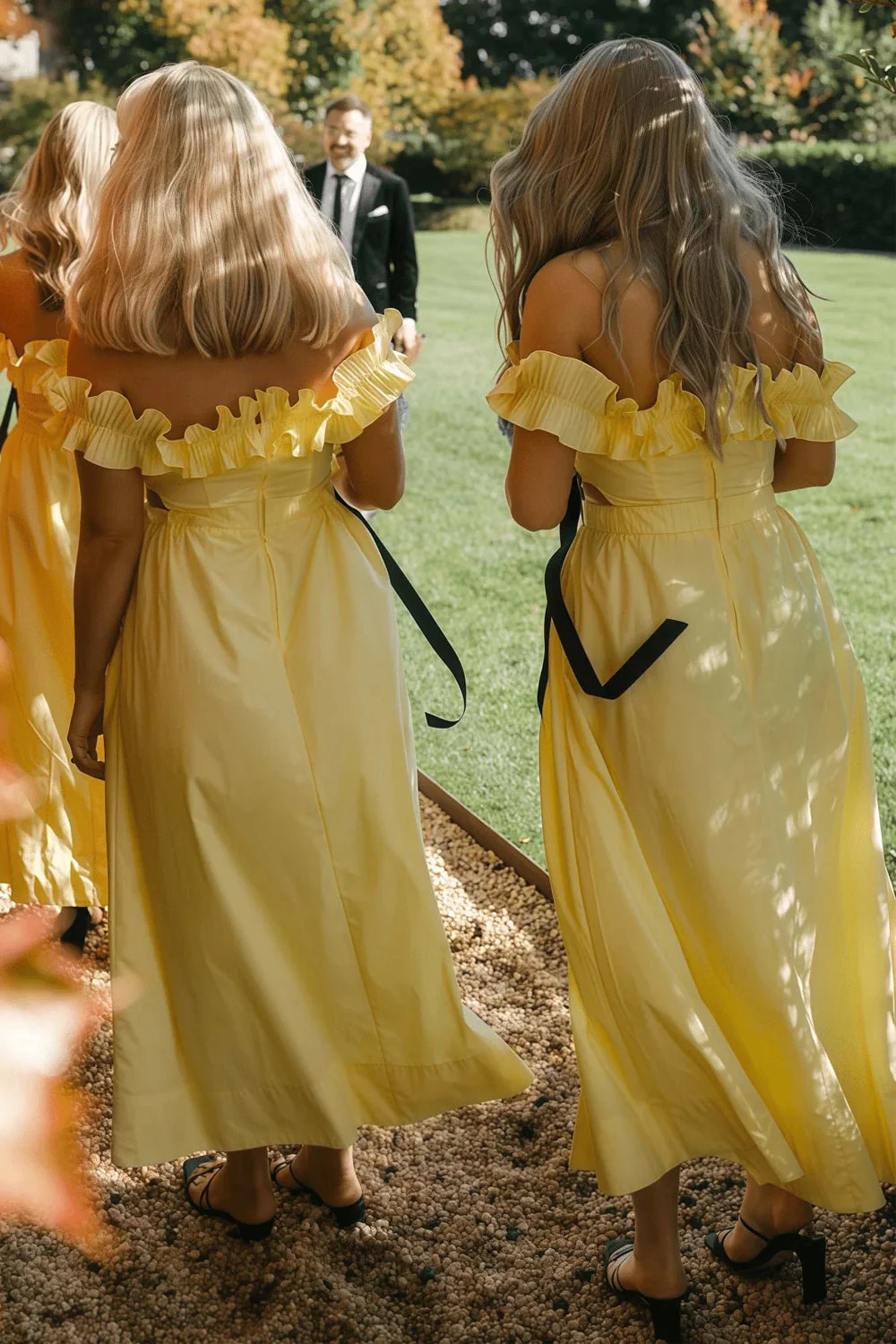 Off The Shoulder Ruffles Satin Yellow Long Bridesmaid Dress - Image 5