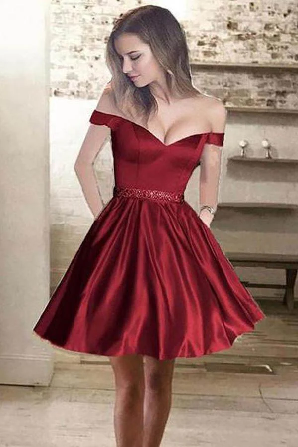 Off the Shoulder Satin Beaded Homecoming Dresses with Pocket PD167 - Image 4