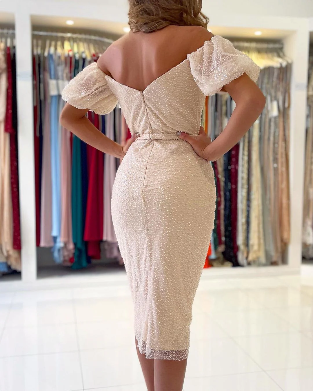 Sequins Short Prom Dress Split Ball DressesOff-the-Shoulder - Image 2