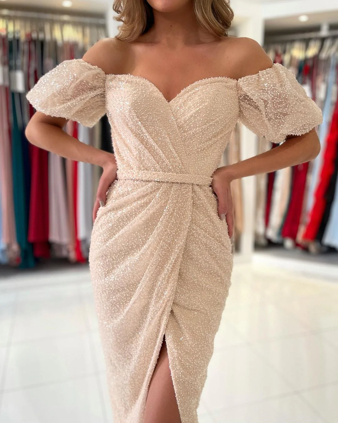 Sequins Short Prom Dress Split Ball DressesOff-the-Shoulder - Image 3