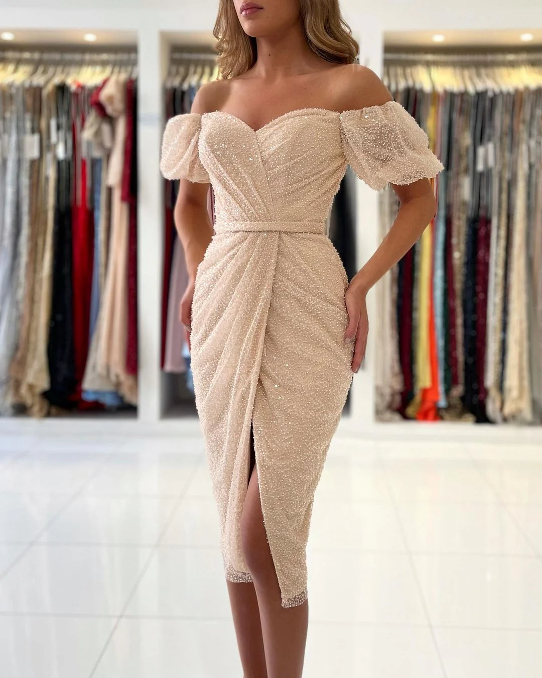 Sequins Short Prom Dress Split Ball DressesOff-the-Shoulder - Image 4