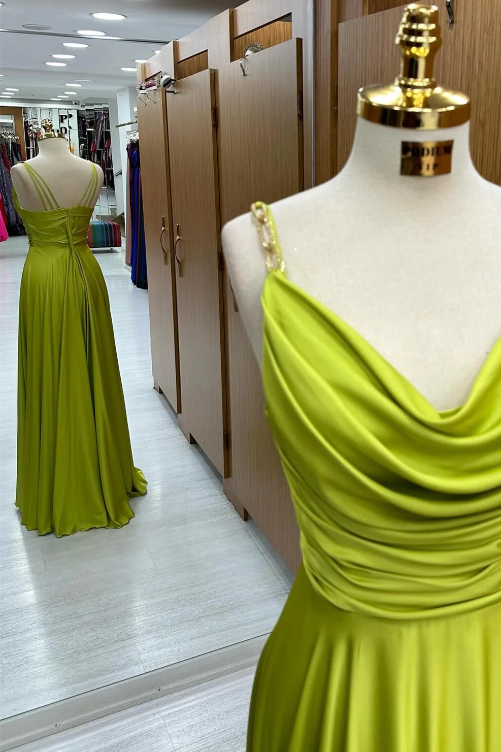 Olive Green Cowl Neck Chain Strap A-Line Long Prom Dress - Image 3